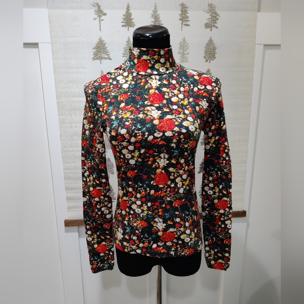 Maeve by Anthropologie Floral Mock Neck Long Sleeve Top Button Detail XXS